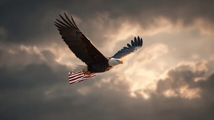 Fototapeta premium Majestic Bald Eagle Soaring Through Cloudy Sky with American Flag.