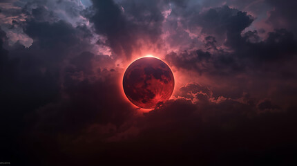 During a moon eclipse, the planet appears red, resembling blood, while clouds may obscure the view.