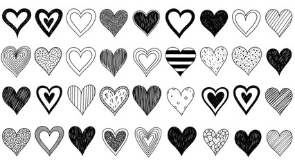 Collection of diverse hand drawn hearts with various patterns
