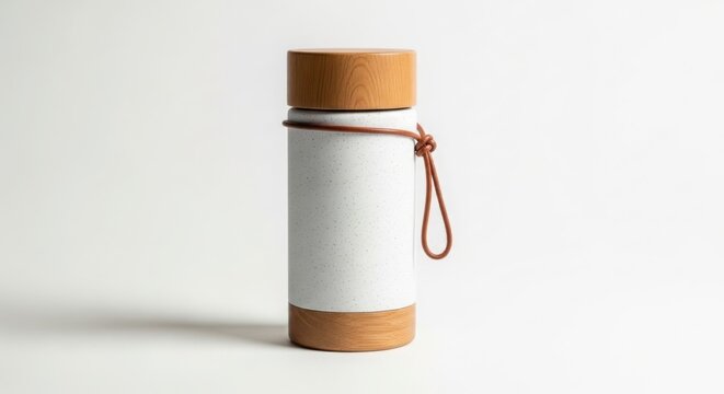 Minimalist cylindrical container with wood accents and red string detail