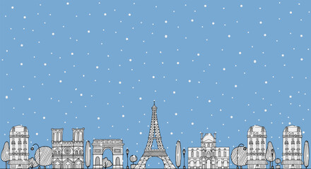 Winter Paris background horizontal banner with architecture skyline in hand drawn sketch doodle style in white contour in color of year 2026 Cloud dancer. Snow fall. Space for text. © Marina Smith