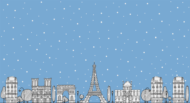 Winter Paris background horizontal banner with architecture skyline in hand drawn sketch doodle style in white contour in color of year 2026 Cloud dancer. Snow fall. Space for text.