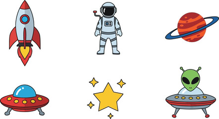 Flat vector set of 5 space icons rocket ship astronaut planet star and alien saucer