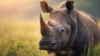 Majestic rhinoceros stands proudly in a sunlit grassy field, showcasing its impressive horn.