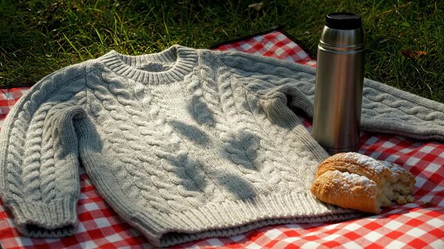 Picnic scene with sweater thermos and croissant