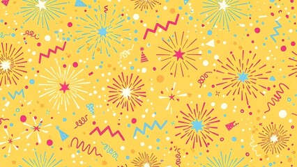 Colorful Minimalist Fireworks Confetti Seamless Pattern in yellow background 