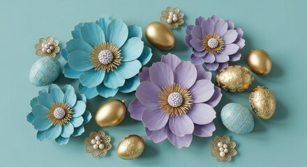 Decorative Pastel Easter Eggs and Floral Embellishments on Mint Background