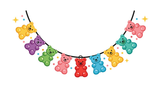 A festive garland made of colorful, smiling gummy bear candies hanging on a string with sparkles, on a white background.
