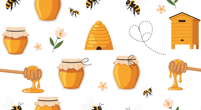 Seamless pattern with cute cartoon illustrations of honey jars, bees, and beehives on a clean white background.