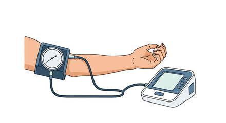 A medical illustration of a person's arm undergoing a blood pressure check with a digital sphygmomanometer and cuff monitor.