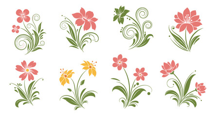 Obraz premium A beautiful set of eight vintage-style floral arrangements with a textured, rustic effect in pink, yellow, and green colors.
