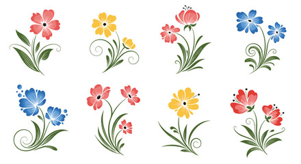 A lovely collection of eight colorful floral arrangements with a charming watercolor texture, perfect for decorative design elements.