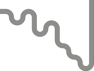 Striped path combining zigzag routing with uneven wave motion and curved paths.