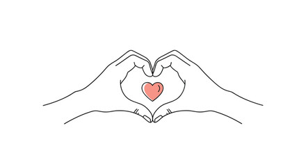 A minimalist line art illustration of two hands coming together to form a heart shape with a small pink heart in the center.