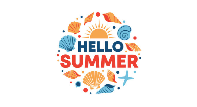 A vibrant 'Hello Summer' typographic logo design set within a circular arrangement of colorful seashells, starfish, and a sun.