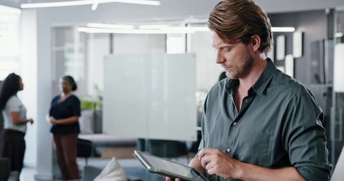 Reflection, typing or man in office with tablet, draft insight or source feedback for article. Thinking, coworking or journalist in agency with tech, story planning or web research for publication