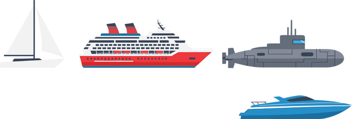 Flat Water Transport Icons Sailboat Cruise Ship Submarine Speedboat