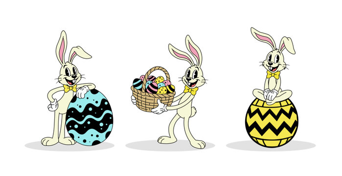 Retro Easter Bunny Character Set in 1930s Rubber Hose Animation Style