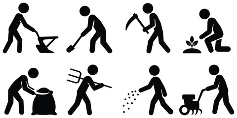 Stickman farming activity set, Agriculture work silhouette pack, Farmer action figure collection