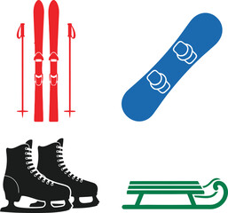 Flat Winter Sports Icons Skis Snowboard Ice Skates Sled