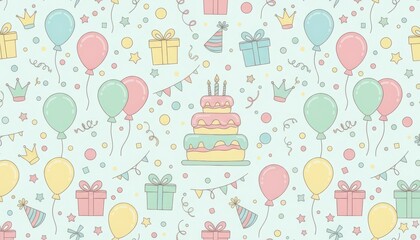 Fototapeta premium Birthday celebration theme with cake balloons and gifts festive background digital illustration cheerful atmosphere whimsical style for party planning and decorations