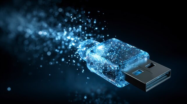 A luminous, conceptual representation of a USB drive with data stream emanating, highlighting technology and connectivity - Powered by Adobe