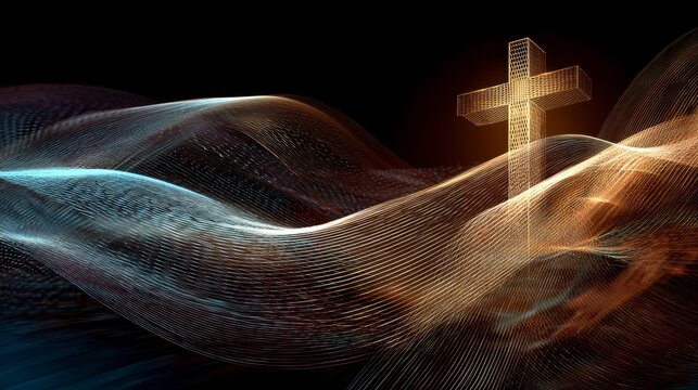 A luminous cross stands against a backdrop of swirling, woven, abstract waves in shades of blue and gold