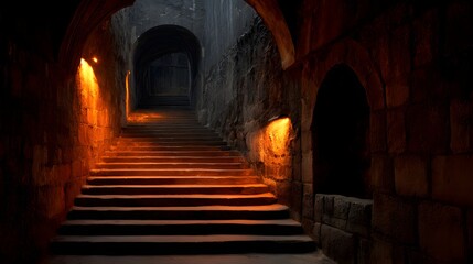 Mysterious Staircase Illuminated by Warm Light in a Dark Stone Tunnel.