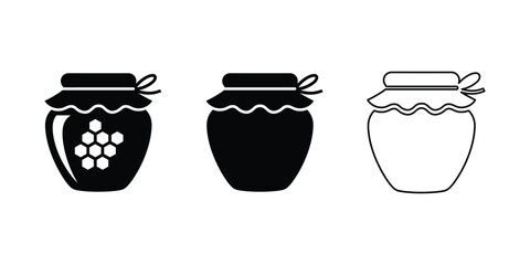 Black and white honey jar icon set on clean background