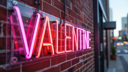 Valentine's Day neon sign on a brick wall in a city