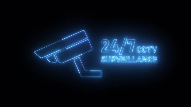 Neon 24/7 surveillance cc tv animation on black background. 24/7 surveillance cc tv icon animation.