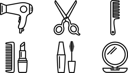 Line art vector set of 6 beauty salon icons hair dryer scissors comb lipstick mascara and compact mirror