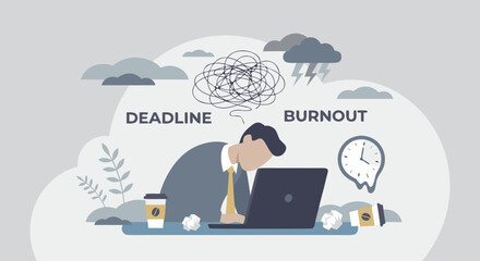 Overworked man with laptop surrounded by burnout and deadline symbols