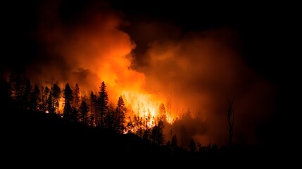 Fototapeta premium Nighttime Forest Fire - A Dramatic Scene of Flames and Smoke.