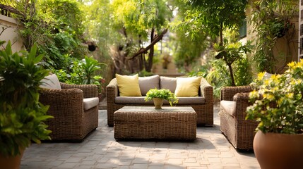 Outdoor living space with comfortable furniture surrounded by lush greenery and plants.