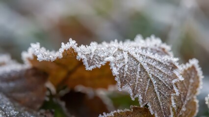 Detailed macro view of brown leaves covered in sparkling white frost and intricate ice crystals capturing winter's beauty