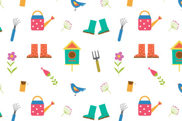 Vector seamless pattern with gardening tools, rubber boots, birdhouses, birds, and flowers. Spring planting.