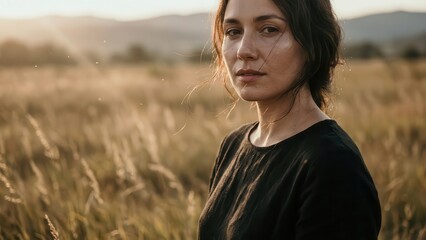 Young woman standing peacefully in a golden field at sunset enjoying the beautiful natural surroundings
