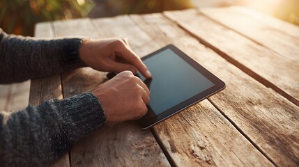 Persons Hands Interacting with Tablet on Wooden Table Outdoors in Sunlight.