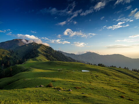 View of sun-kissed green hills rolling gently under a vibrant blue sky dotted with fluffy white clouds, whispering tales of nature's grandeur, Sri Paye, Khyber Pakhtunkhwa, Pakistan.