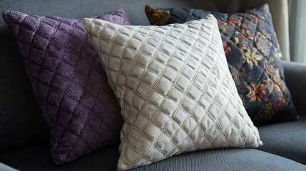 Obraz premium Quilted throw pillows in white, purple and floral patterns on blue sofa, home decor and texture