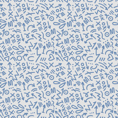 Memphis Style Seamless Pattern Hand Drawn Blue Doodle Background.Vector Illustration