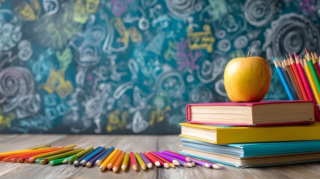 School Supplies Still Life - Books, Pencils, and Apple on Wooden Table.