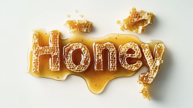 Honeycomb typography: creative word design with dripping fresh honey