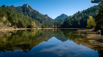 Obraz premium Serene Mountain Lake Reflection - Majestic Peaks and Lush Forest Landscape Under Clear Blue Sky.