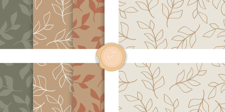 Seamless Pattern Botanical Leaves Flowers Bundle Hand Drawn.Vector Illustration