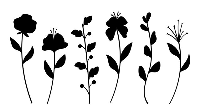 A collection of six black silhouette flower designs with varying shapes and sizes, each featuring distinct leaves and floral structures.Vector illustration