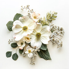 Elegant floral arrangement with white blossoms and soft foliage