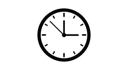 A simple black and white analog clock face displaying time a striking silhouette