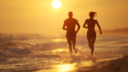Fototapeta premium Silhouette of Two People Running on Beach at Sunset, Golden Hour Exercise.